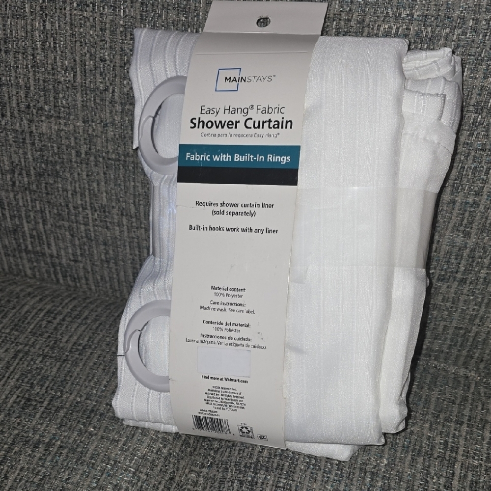 💫Mainstays Easy Hang White Fabric Shower Curtain with Built-in Rings